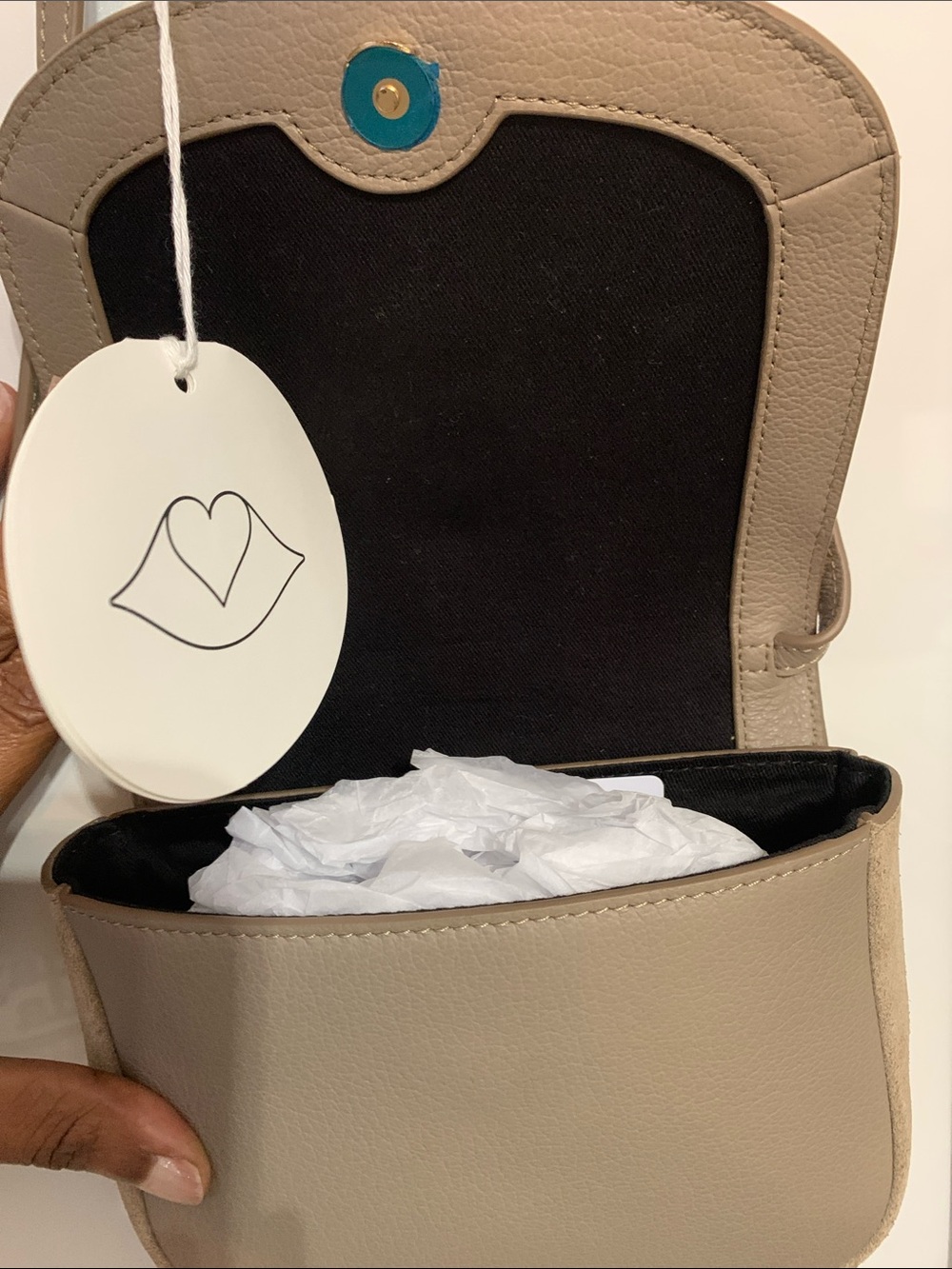 Taupe Crossbody Saddle Bag with Gold Ring Accent - Picture 6 of 12